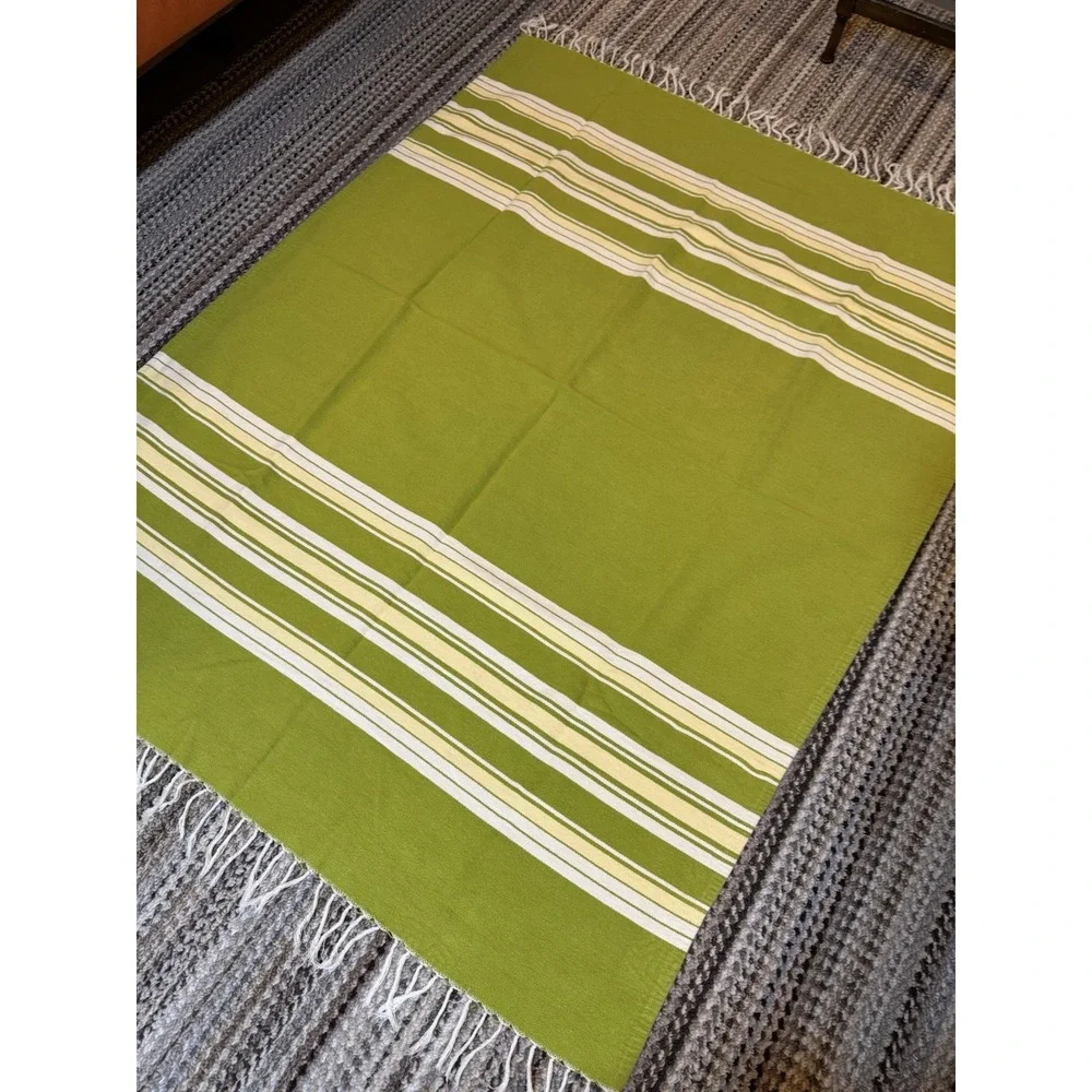 Pottery Barn Lime Green Striped Cotton Throw Blanket with Fringe 50x60